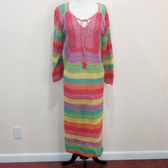 Farm Rio Colorful Rainbow Crochet Knit Dress - XS  **Missing Slip / Dress Only** - Picture 4 of 12